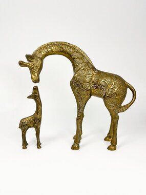 Vintage set of mama and baby brass giraffes
